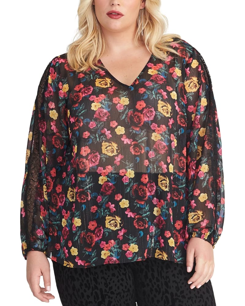 Front of a model wearing a size 0X Rachel Rachel Roy Women's Plus Size Eve Floral Print Top Black Size 0X in Black by Rachel Roy. | dia_product_style_image_id:311492